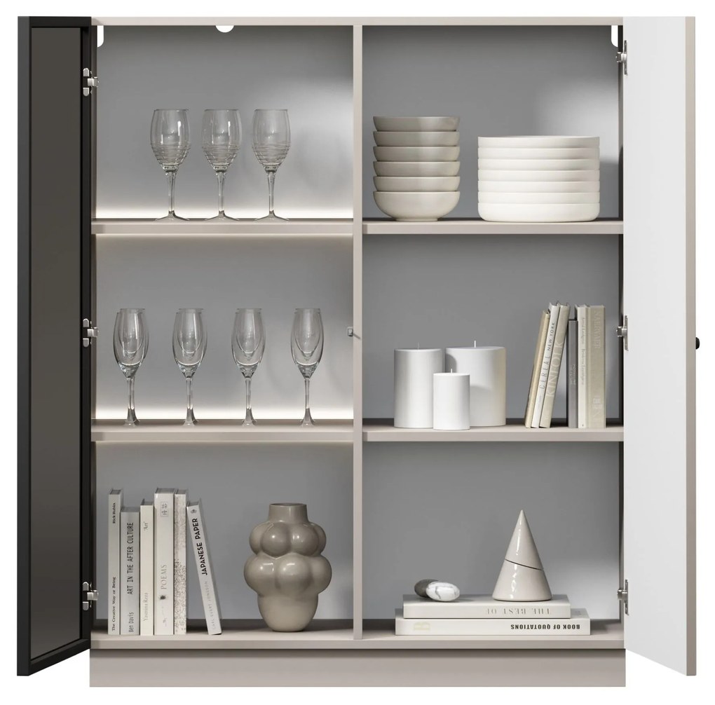 Vitrína Lorini 100 cm dvojdverová na sokli - kašmír / čierna úchytka