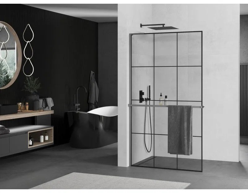 Mexen Kioto+ L, sprchová zástena Walk-In s poličkou a vešiakom 110 x 200 cm, 8mm číre sklo čierny vzor, grafitový profil, 800-110-123-95-77