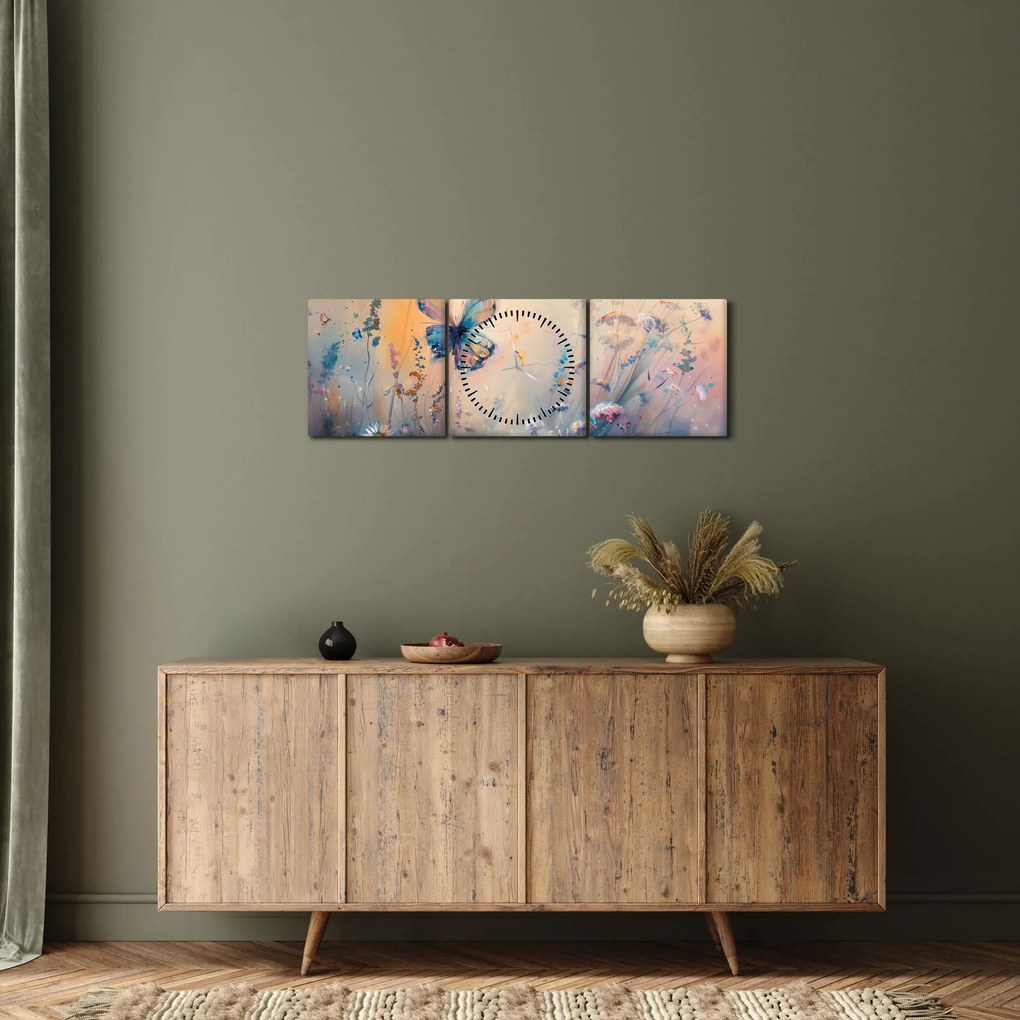 Obraz - Lúka s motýľom II. (s hodinami) (90x30 cm)