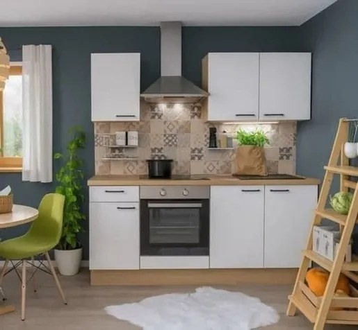 Kuchynská linka s spotrebičmi, drezom a drezovou batériou Naturel 195x60x91 cm mat alpská bielá