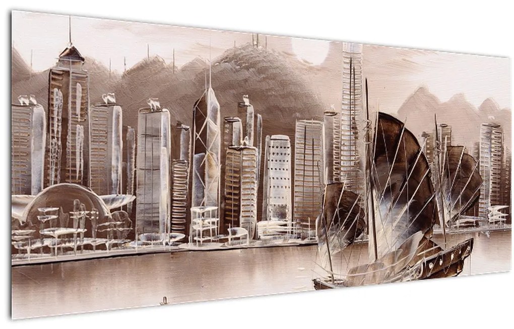 Obrázok - Victoria Harbor, Hong Kong, sépiový efekt (120x50 cm)