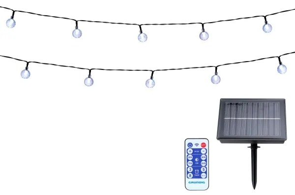 Grundig - stmievateľný solárny LED reťaz 50×LED/8 funkcií, 9,35 m, teplá biela + diaľkové ovládanie
