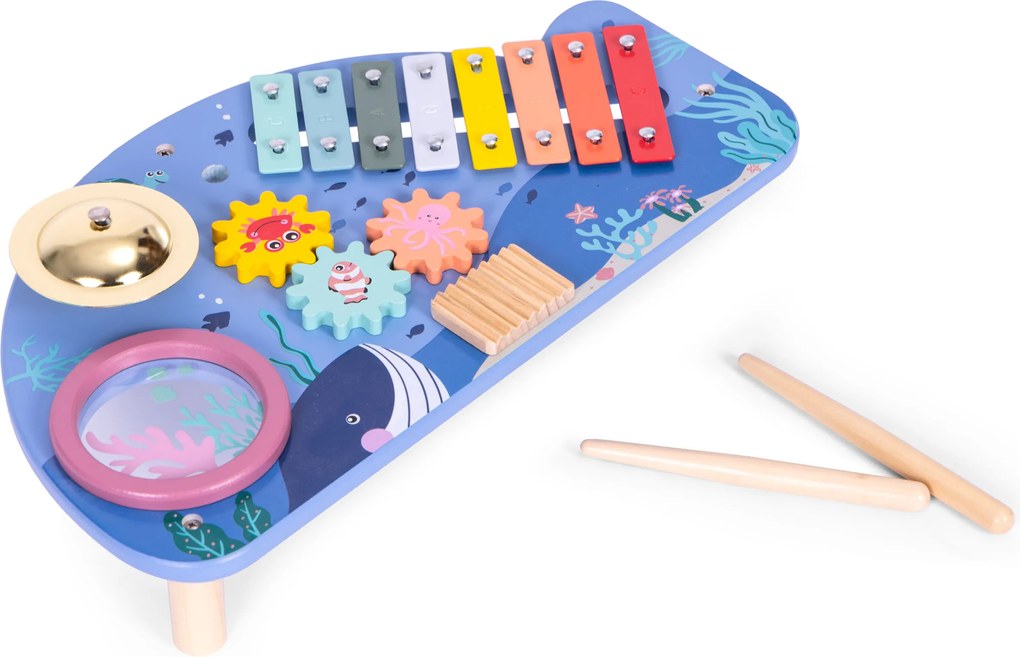 Drevený hudobný stolík s 4 nástrojmi pre deti (xylofón, bubon, tarka) – veľryba ECOTOYS