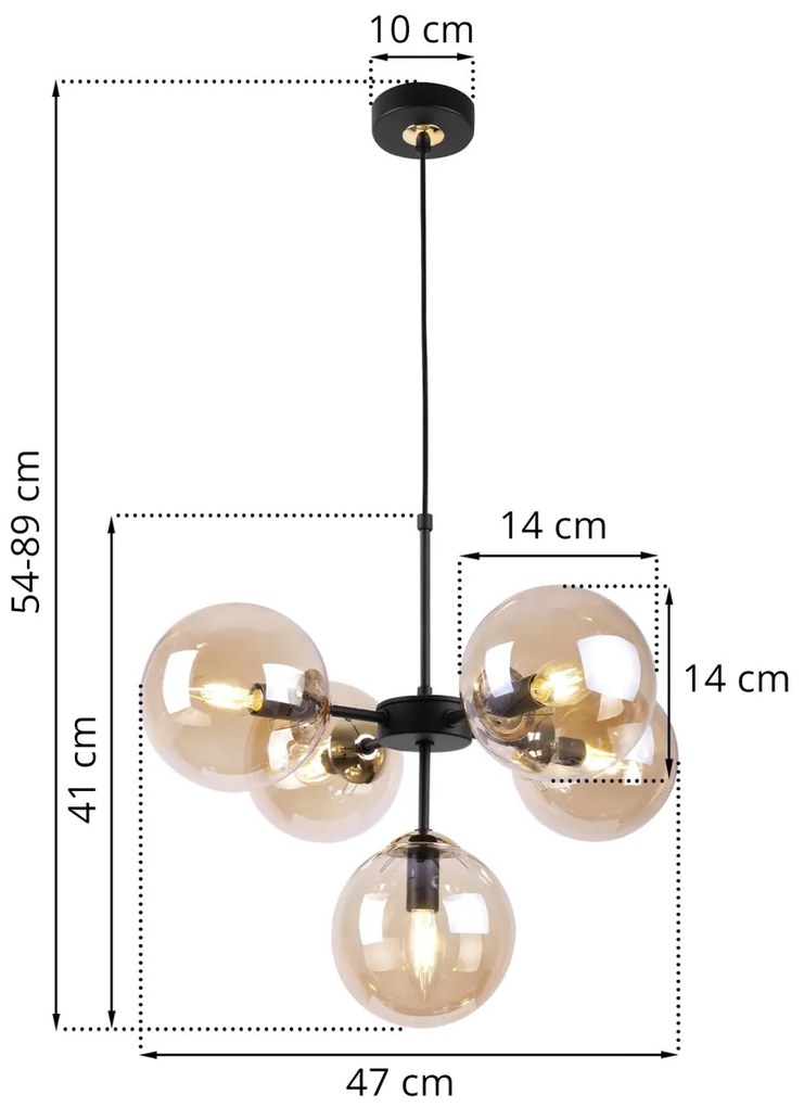 Závesné svietidlo Paris, 5x medové sklenené tienidlo, g