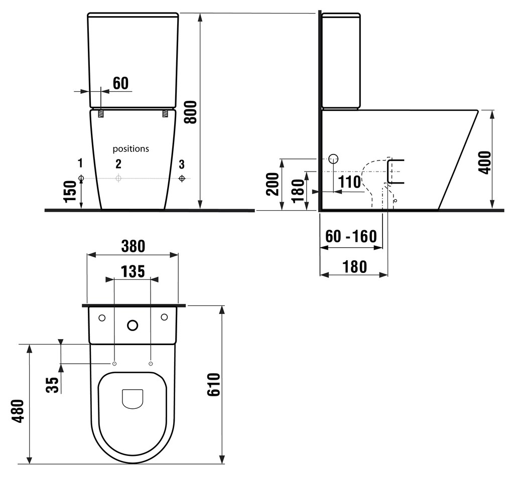 Sapho, PACO RIMLESS WC kombi, spodný/zadný odpad, čierna, PC1012WRB