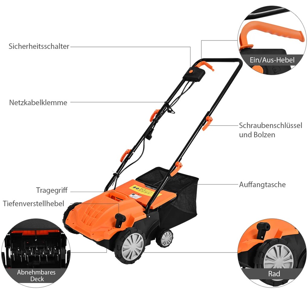 Elektrický vertikutátor 1500W vertikutátor a prevzdušňovač 2 v 1 104,5 x 51 x 103 cm oranžový
