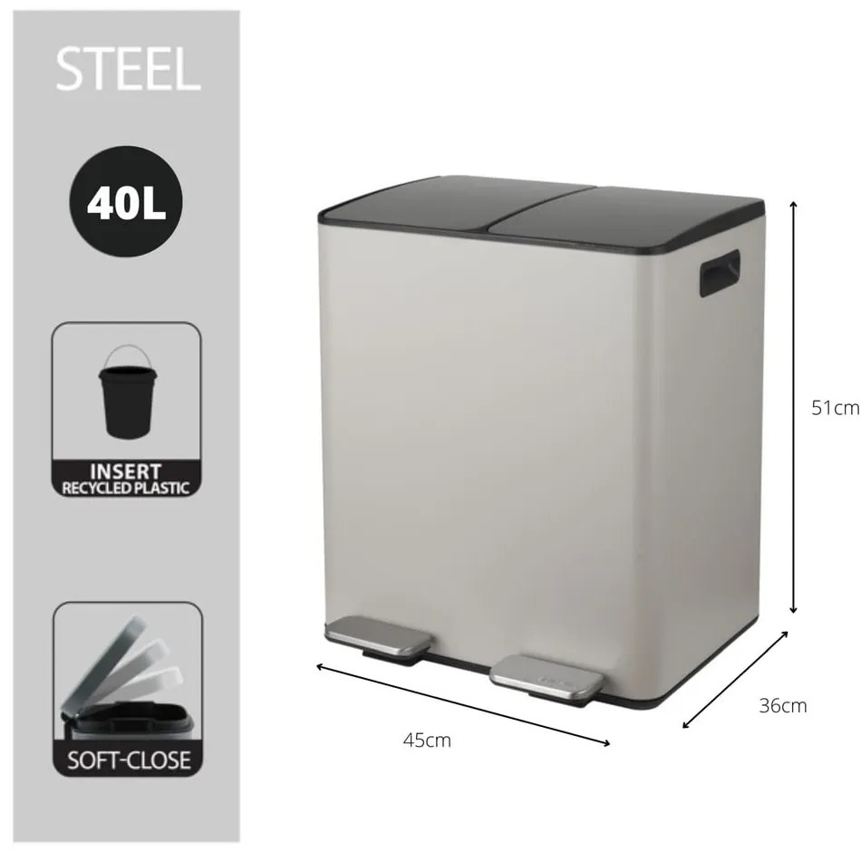 Taupe oceľový odpadkový kôš 2x20 l na triedený odpad/nášľapný Aliya – Spirella