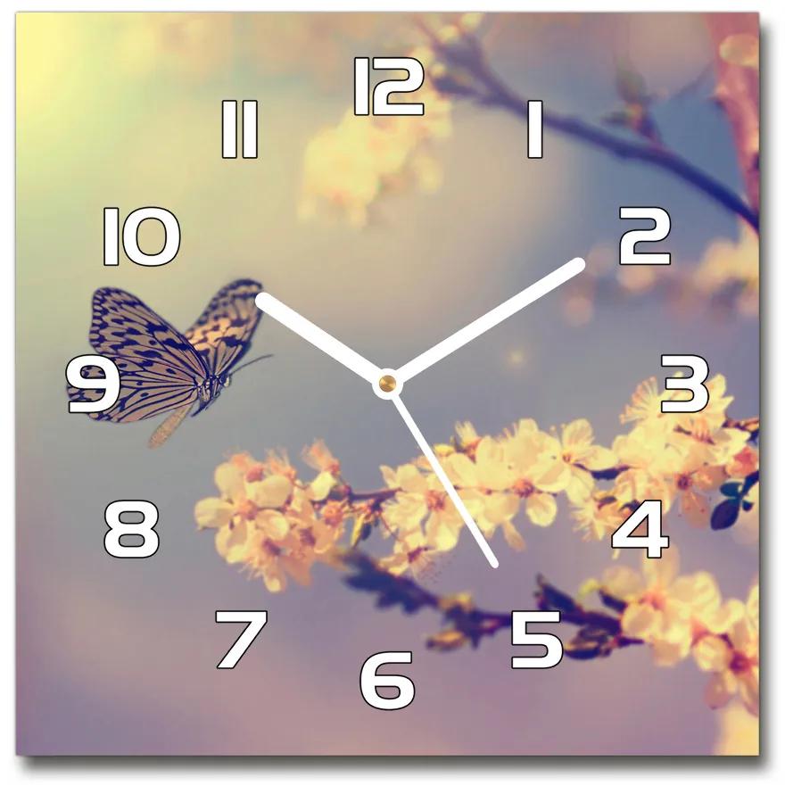 Sklenené hodiny štvorec Kvet višne a motýľ pl_zsk_30x30_f_72331211