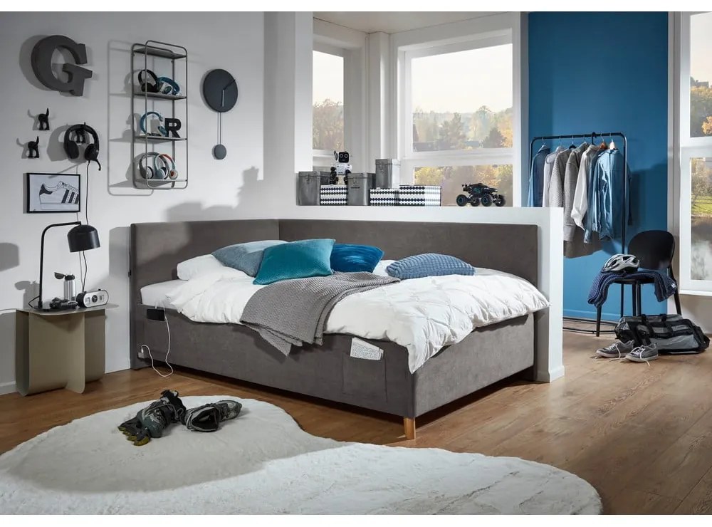 Antracitová čalúnená rohová detská posteľ s úložným priestorom s roštom 90x200 cm Cool – Meise Möbel