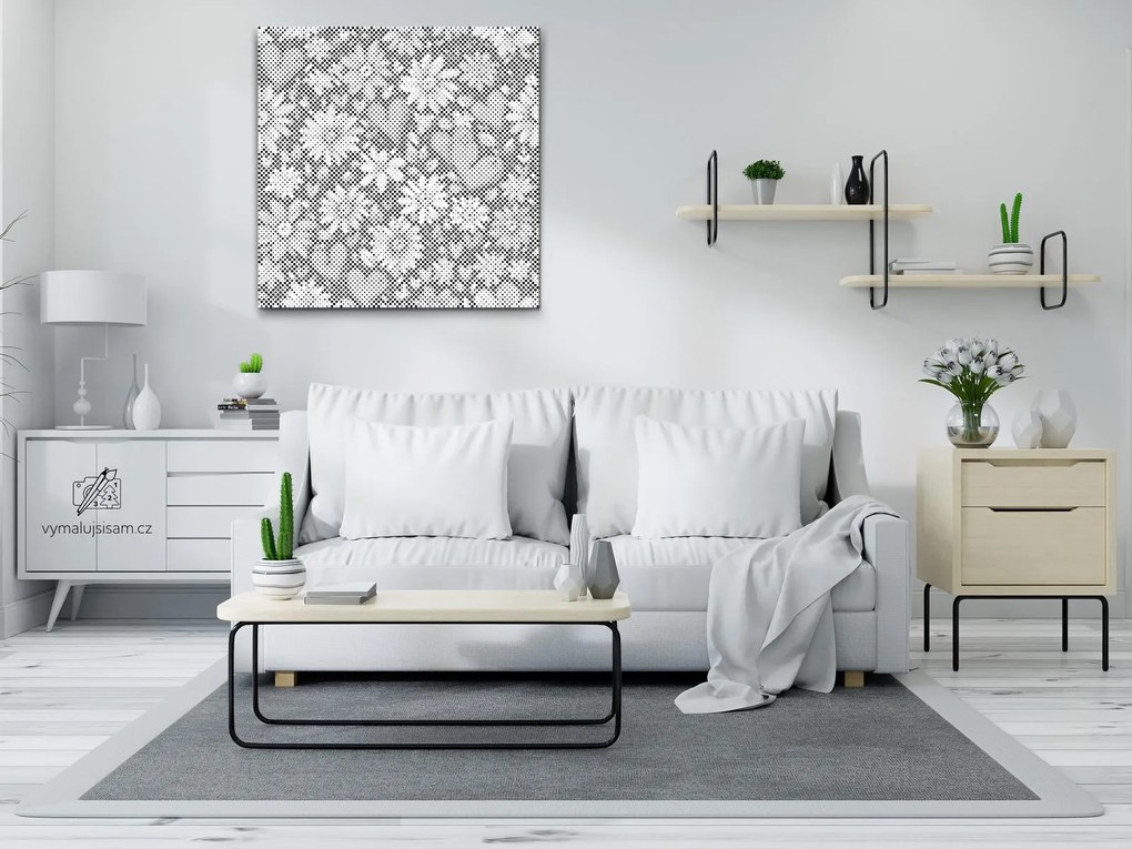 Gario Bodkovanie Srdce a kvety Rozmery: 50 x 50 cm, Rámovanie: Iba zrolované plátno, Farba bodiek: Čierna