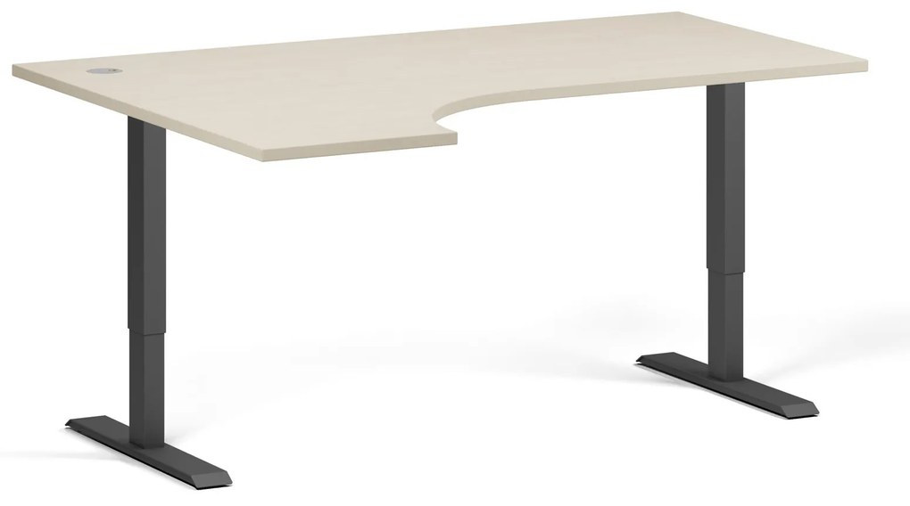 Rohový výškovo nastaviteľný stôl, 160x120 cm, 2 motory, L/P, čierna podnož, breza