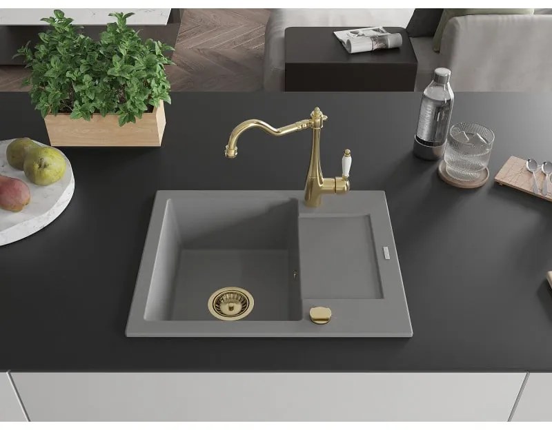 Mexen Enzo, granitový drez 576x465x174 mm, 1-komorový a drezová batéria Carla, šedá, 6506-71-670700-50