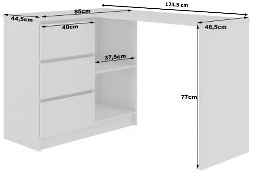 Písací stôl AKORD B16 3SZ, 124,5x77x50, biela, pravá