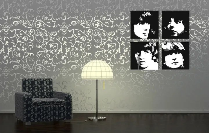 Ručne maľovaný POP Art obraz BEATLES 4 dielny  beat_bw