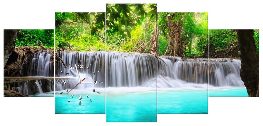 Gario Obraz s hodinami Nádherný vodopád v Thajsku - 5 dielny Rozmery: 150 x 70 cm