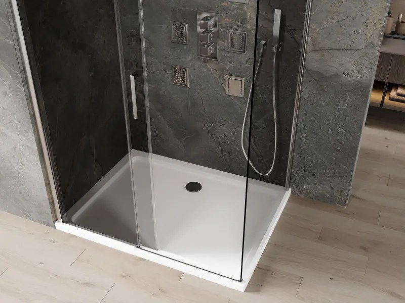 Mexen Omega, sprchový kút s posuvnými dverami 100 (dvere) x 70 (stena) cm, 8mm šedé sklo, chrómový profil + slim sprchová vanička biela + chrómový sifón, 825-100-070-01-40-4010