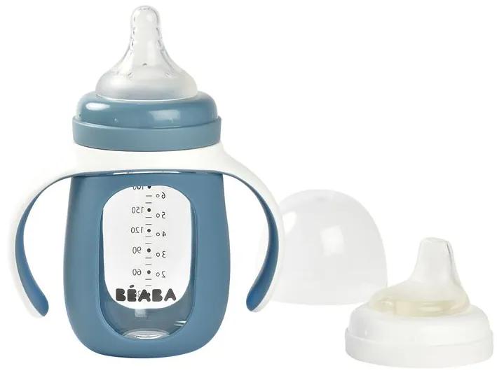 Dojčenská fľaša sklenená 2v1 210ml so silikónovou ochranou Blue