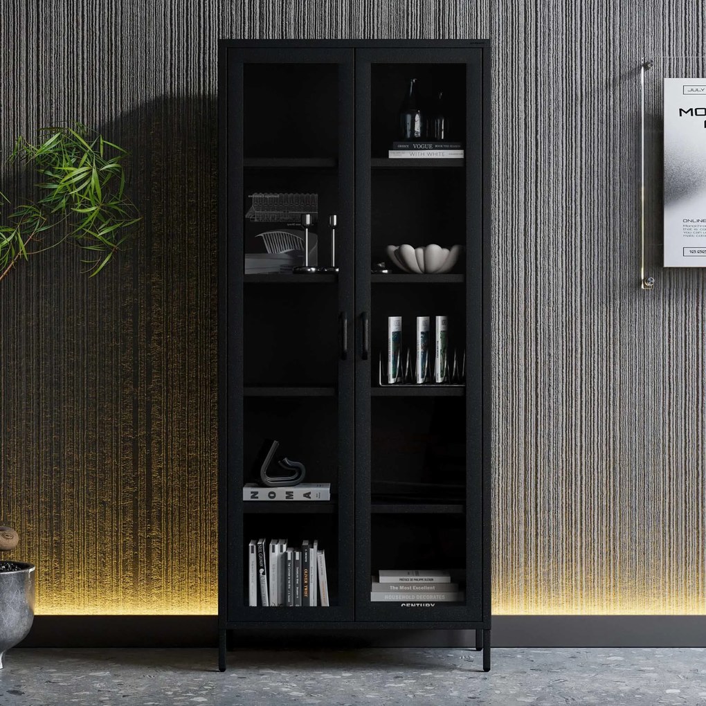 Sklenená vitrína ANGELO do obývačky – kovová, čierna, 800 x 1850 x 450 mm