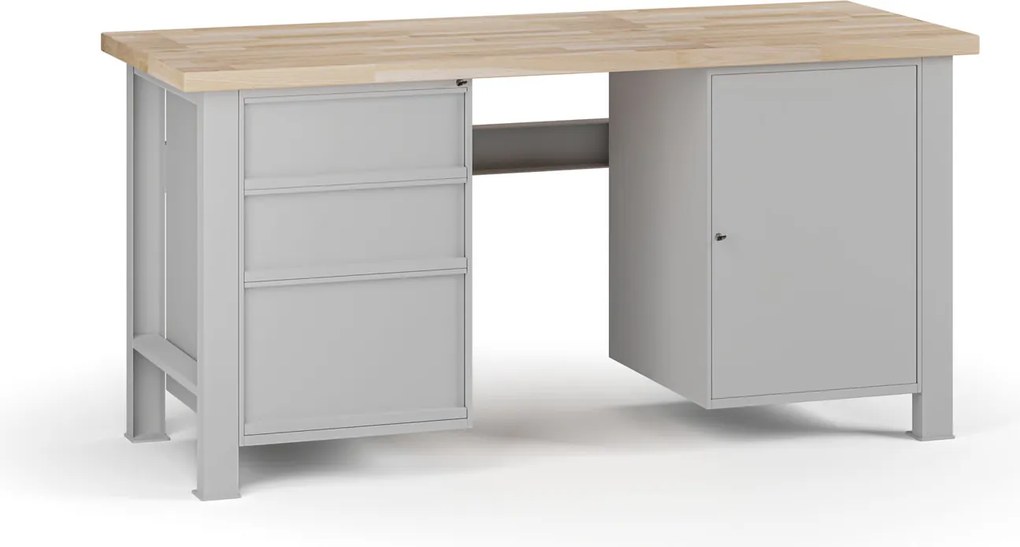 Dielenský pracovný stôl G7, buková škárovka, 1700 x 685 x 840 mm, 1x skrinka, 3 zásuvky, sivá