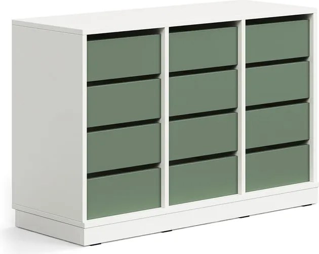 Úložná skrinka CASPER, 12 zásuviek, so soklom, biela/tmavozelená