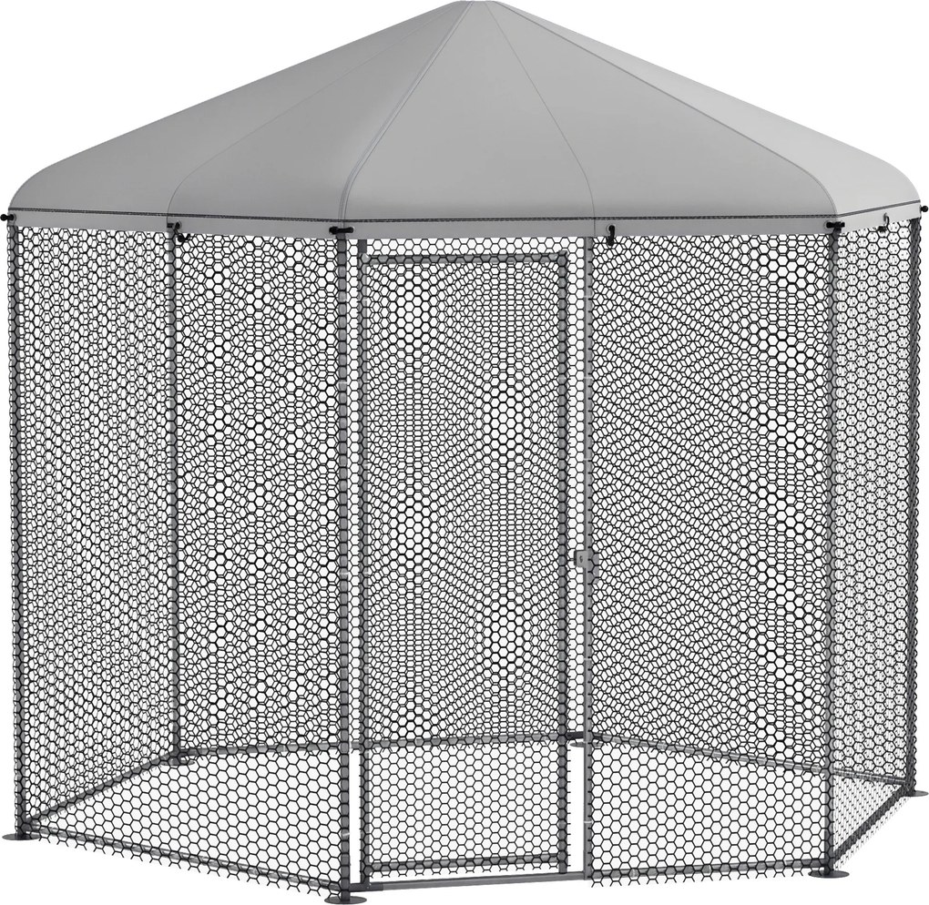 PawHut Kurník pre sliepky s hexagonálnym prístreškom 5 m² - sieťovaný výbeh, rozmery: 2,8L x 2,45Š x 2,46V - krytý priestor - pozinkovaná oceľ - pre 5