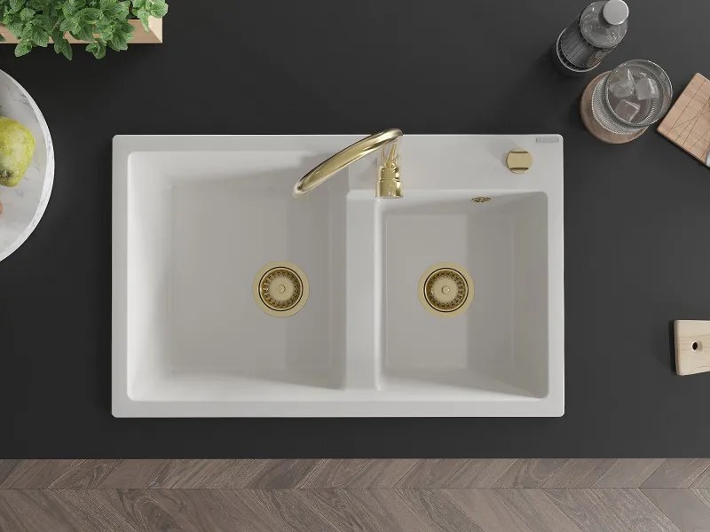 Mexen Tomas, granitový drez 800x500x190 mm, 2-komorový, biela so zlatým sifónom, 6516802000-20-G