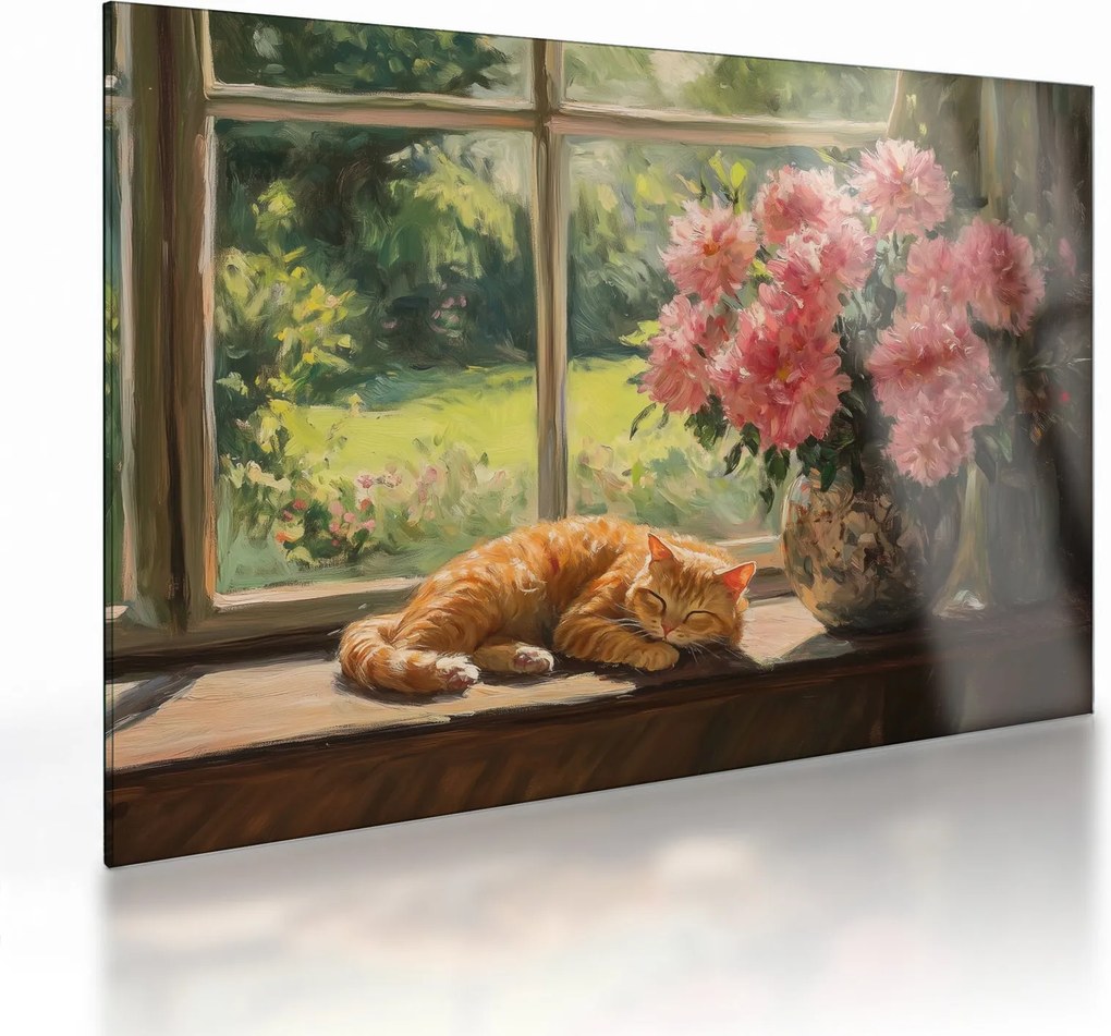Sklenený obraz - Mačka na okne (70x50 cm)
