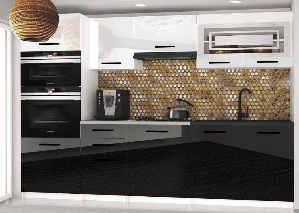 Kuchynská linka Belini 240 cm biely lesk / čierny lesk s pracovnou doskou Paula2 INF PAULA2/4/WT/WB/0/B1