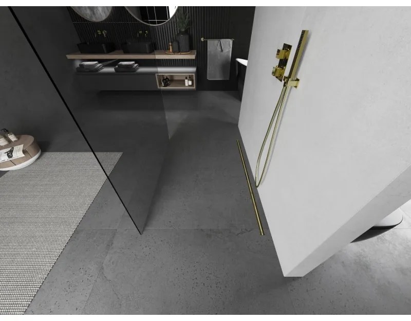 Mexen Kioto, sprchová zástena Walk-In 130 x 200 cm, 8mm číre sklo, zlatý matný profil, 800-130-002-55-00