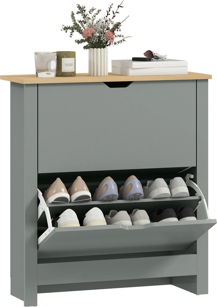 HOMCOM Shoe Cabinet with 2 Flip Drawers – Slim Shoe Rack with Adjustable Divider for up to 12 Pairs, 28.3 x 10.2 x 31.5 in, Light Gray | Aosom