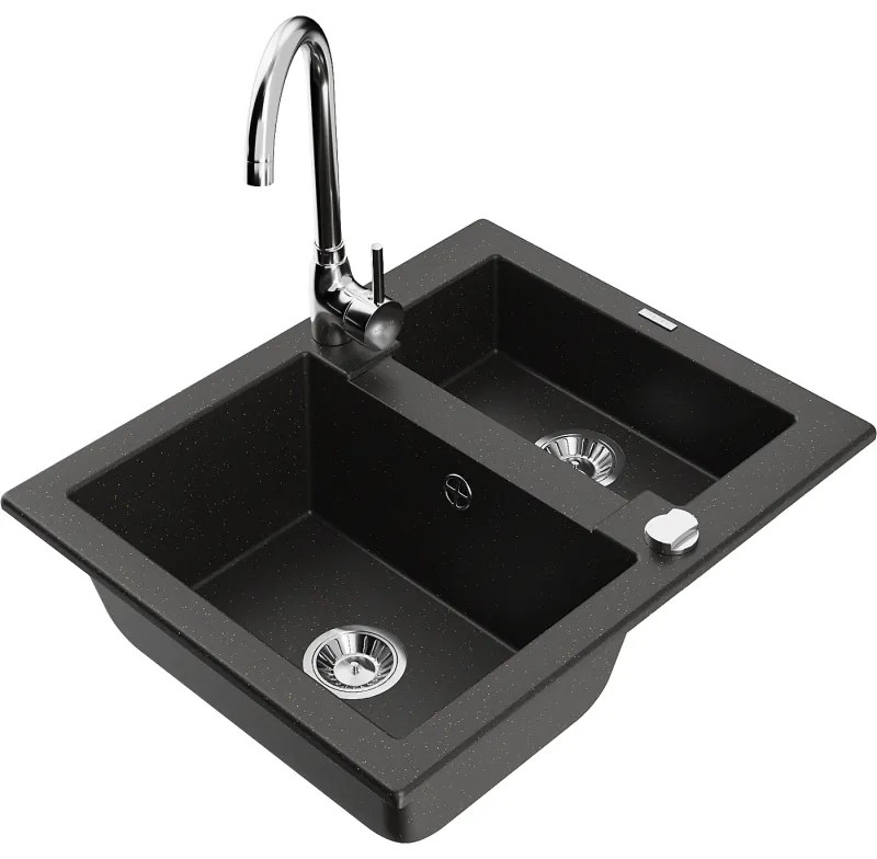Mexen Carlos, granitový drez 582x475x177 mm, 1,5-komorový a chrómová drezová batéria Telma, čierna - zlatá metalíza, 6518-75-670200-00