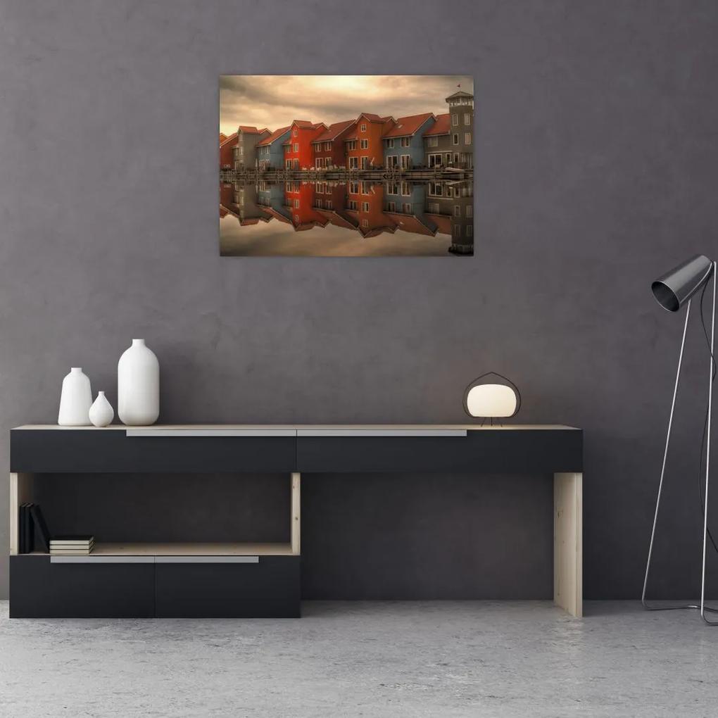 Sklenený obraz farebných domčekov (70x50 cm)