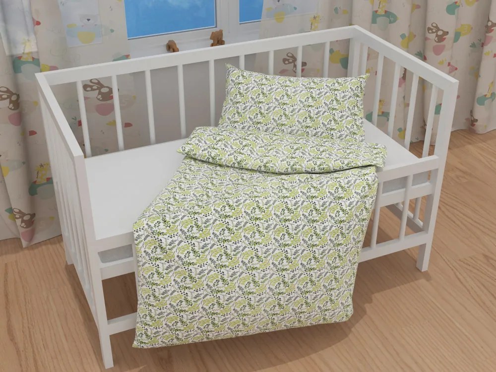 Biante Detské bavlnené posteľné obliečky do postieľky Sandra SA-426 Zelené vetvičky s lístkami na bielom Do postieľky 100x135 a 40x60 cm