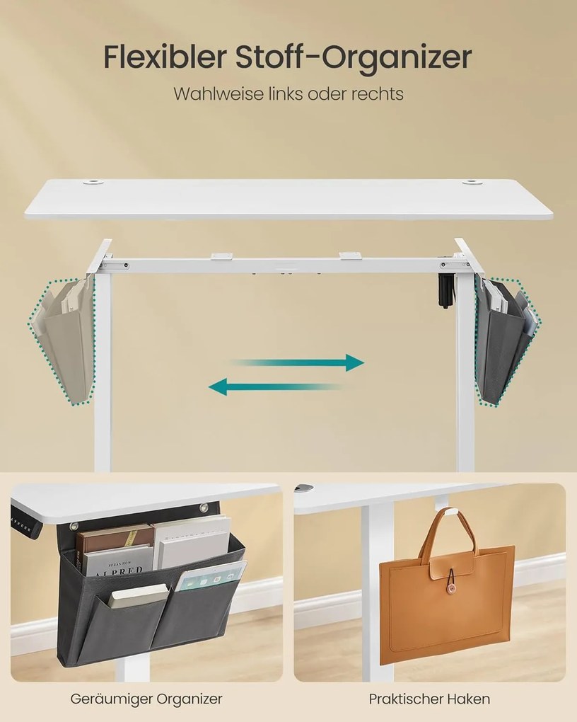 Výškovo nastaviteľný elektrický stôl, 60 x 140 x 72–120 cm, biely