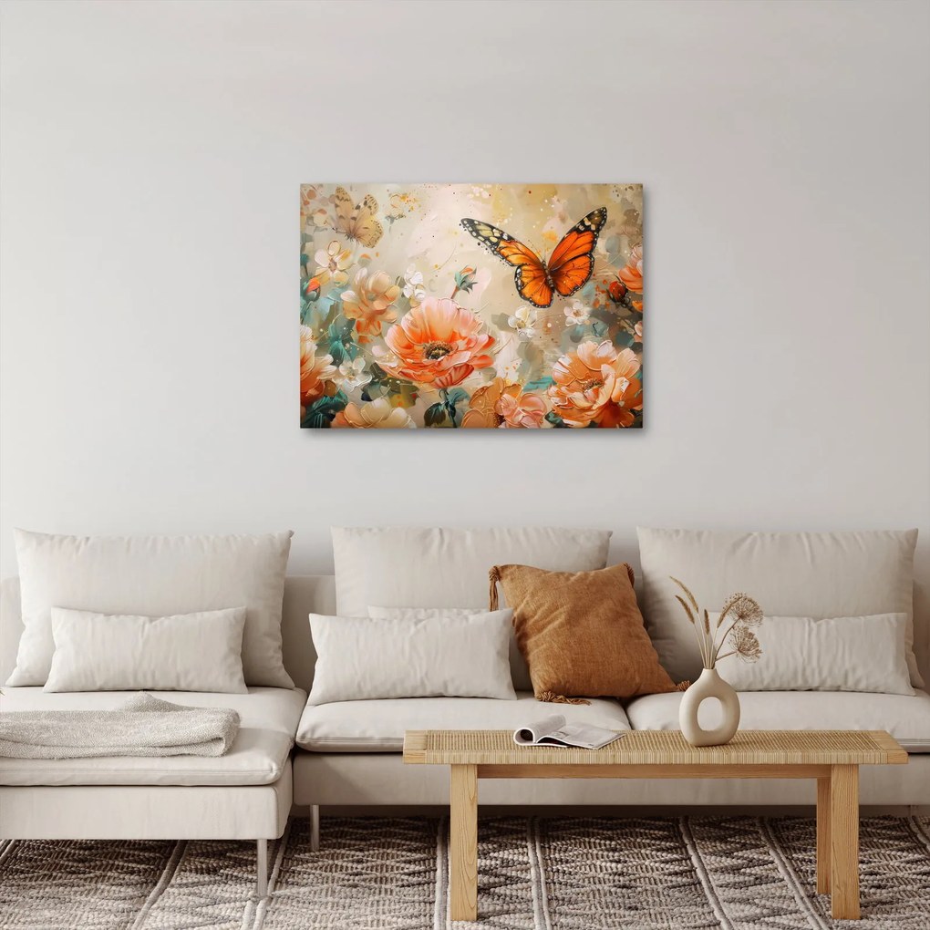 Obraz - Motýľ a kvety, olejomaľba (70x50 cm)