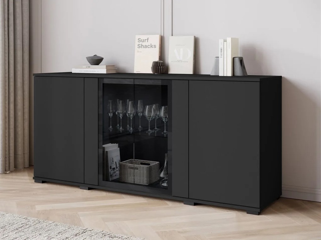 Komoda s dvierkami Hedvis SB 154 4D, Farby: čierna, Osvetlenie: osvetlenie LED biele