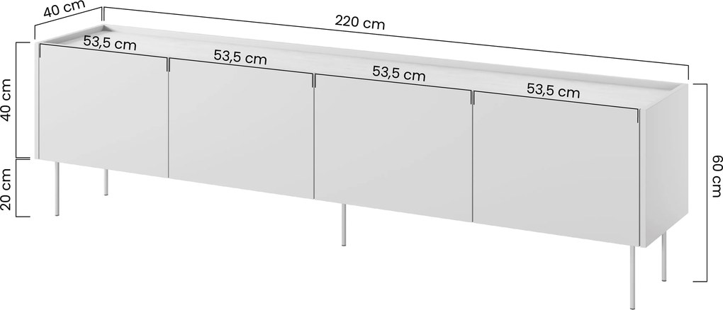 TV stolík Desin 220 cm s kovovými nohami - čierny mat / dub nagano