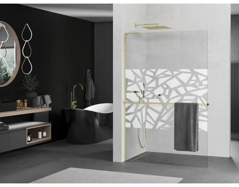 Mexen Kioto+ L, sprchová zástena Walk-In s poličkou a vešiakom 100 x 200 cm, 8mm číre sklo biely vzor, zlatý lesklý profil,800-100-123-50-85