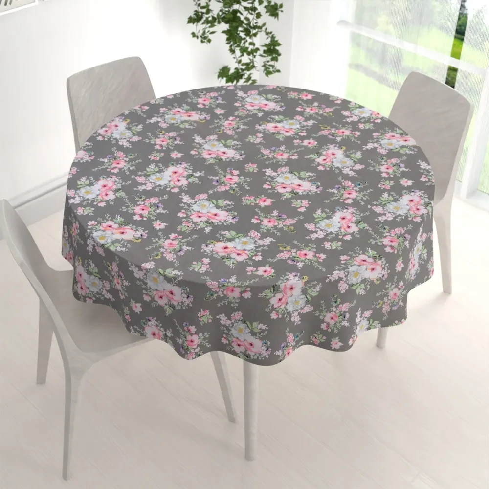Biante Bavlnený okrúhly obrus Sandra SA-553 Ružové kvety na sivom Ø 70 cm