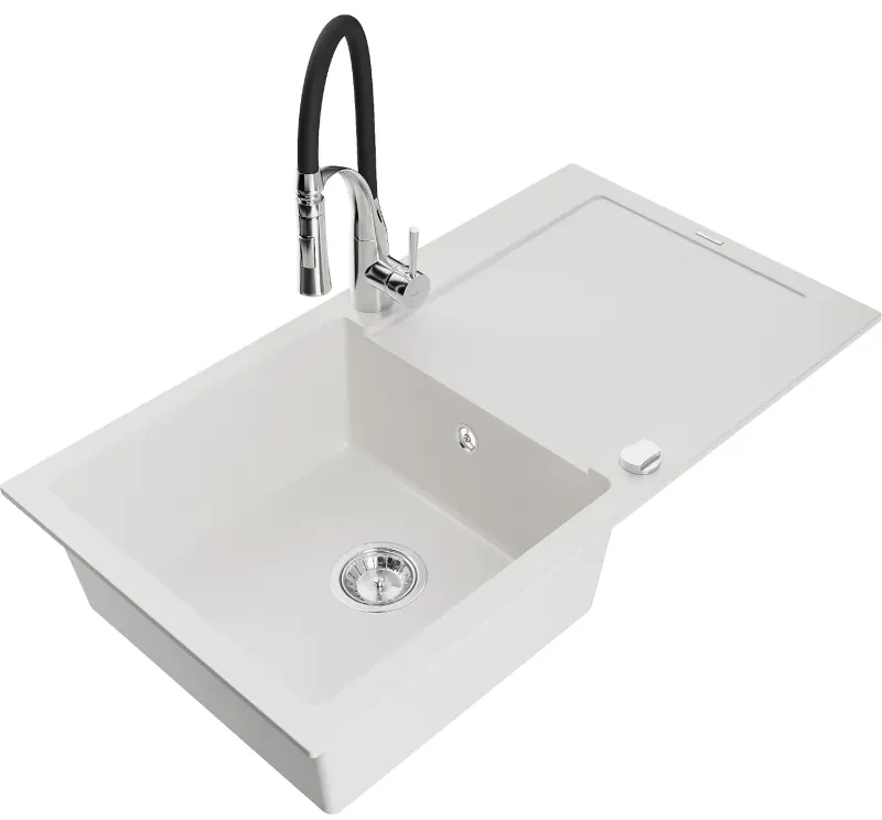 Mexen Leo, granitový drez 900x500x190 mm, 1-komorový a drezová batéria Aster, biela, 6501-20-73450-07