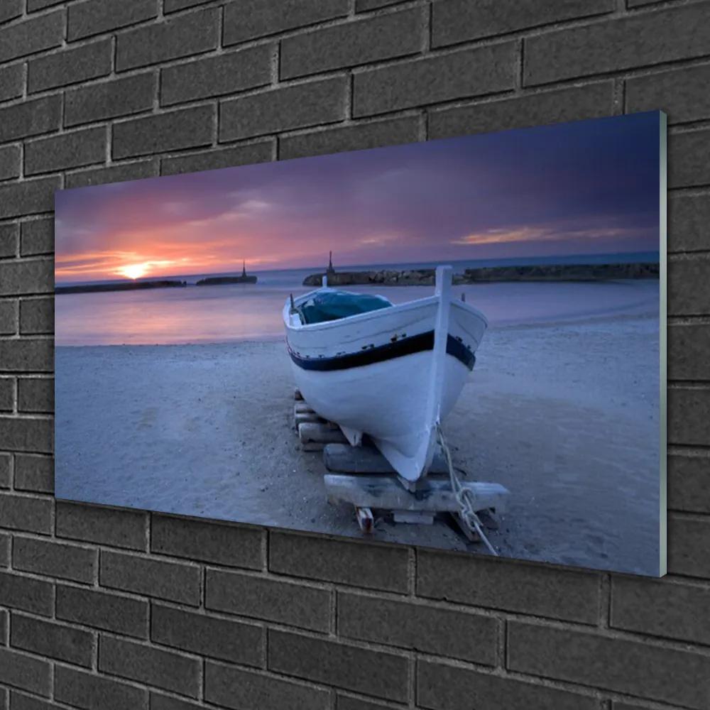 Skleneny obraz Loďka pláž slnko krajina 120x60 cm