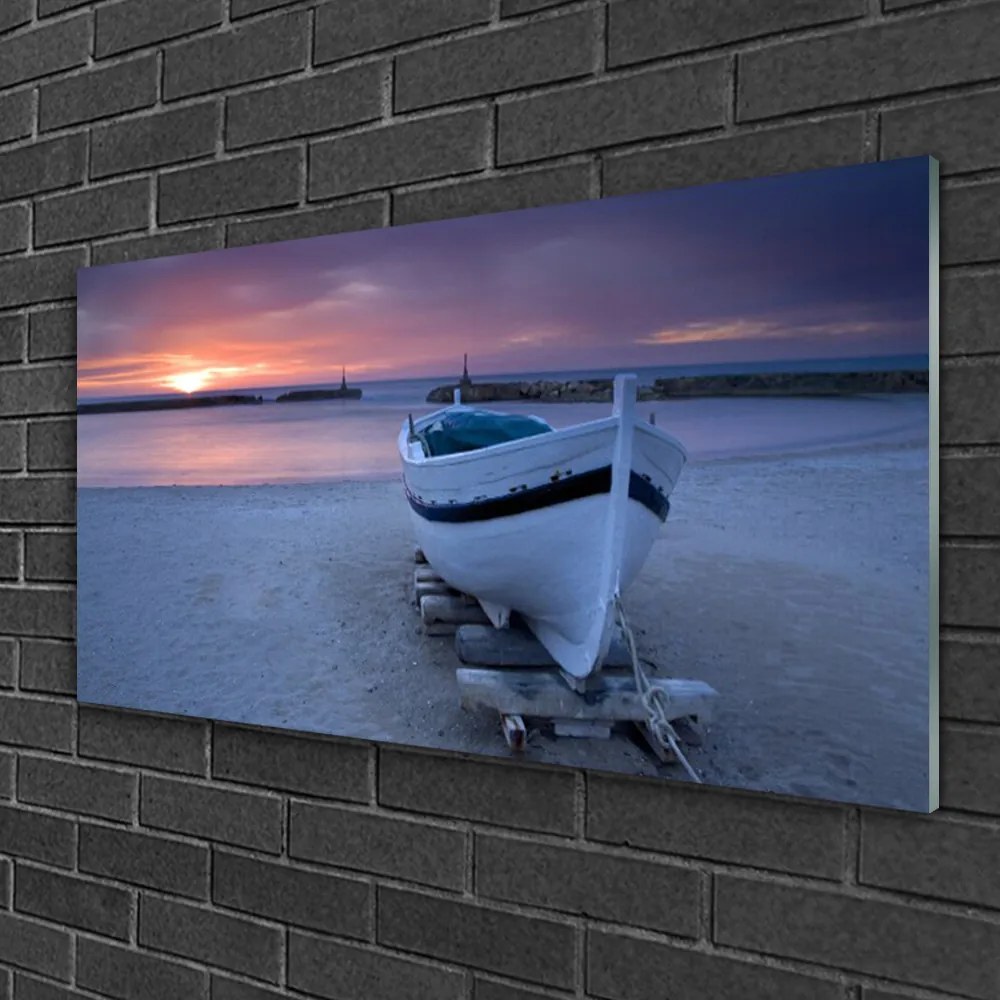 Skleneny obraz Loďka pláž slnko krajina 125x50 cm