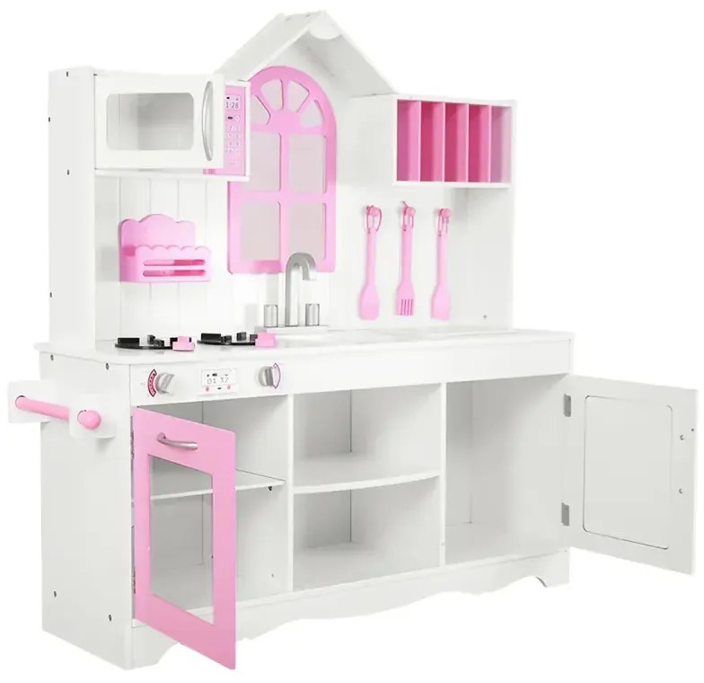 Detská kuchynka na hranie z dreva s drezom a háčikmi a rúrou a mikrovlnnou ružovo-biela