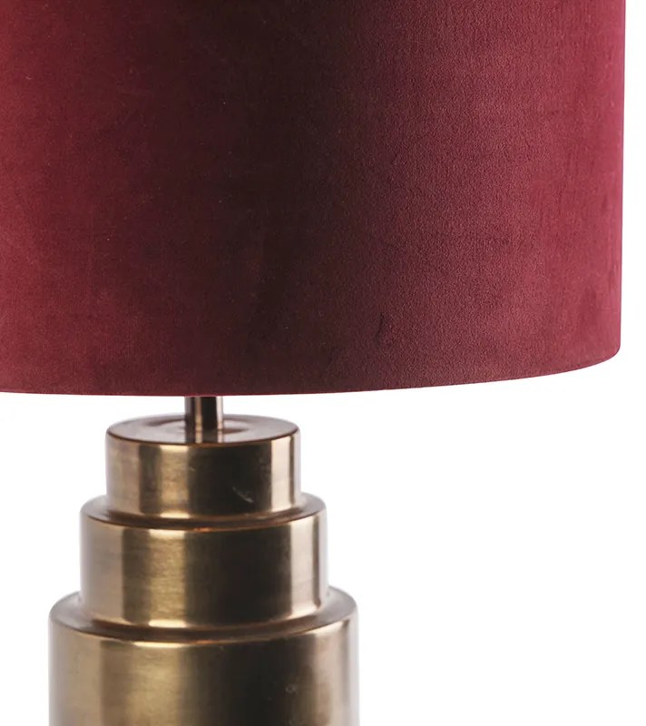 Stolná lampa v štýle Art Deco bronzová s tienidlom z zamatu červenej farby so zlatom 40 cm - Bruut