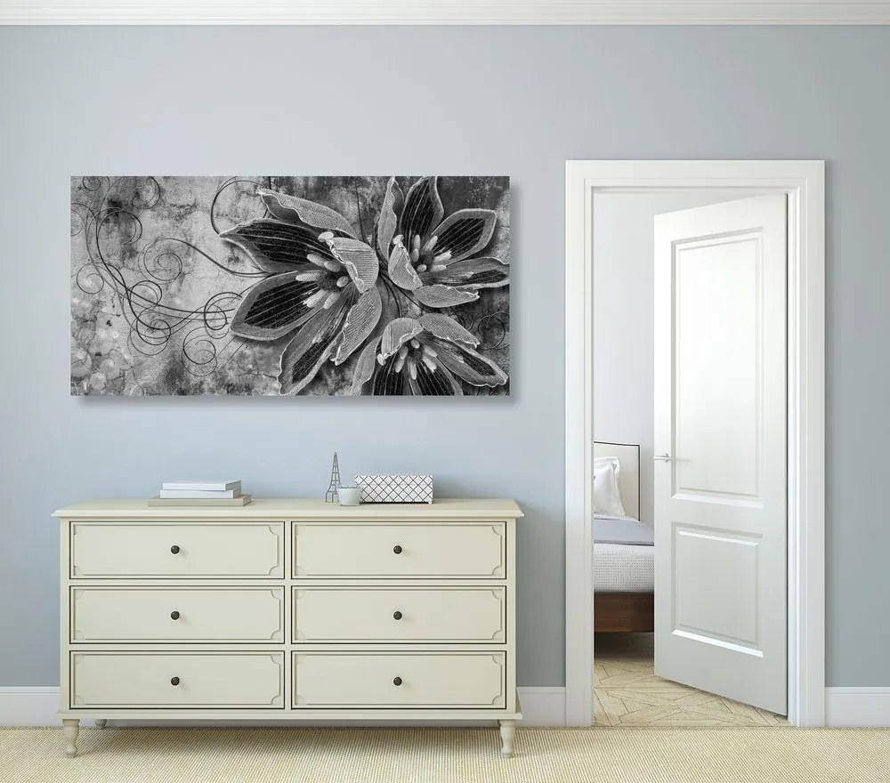 Obraz kvety s perlami v čiernobielom prevedení Varianta: 100x50