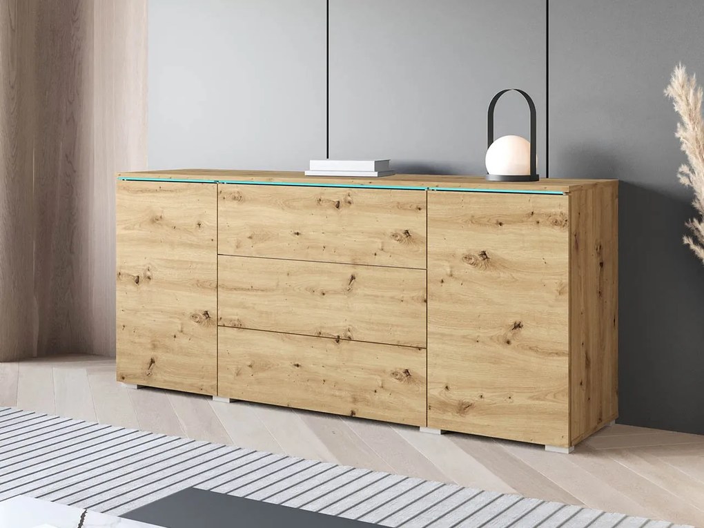 Komoda Sawoti 150, Farby: biela / biely lesk, Osvetlenie: osvetlenie LED biele