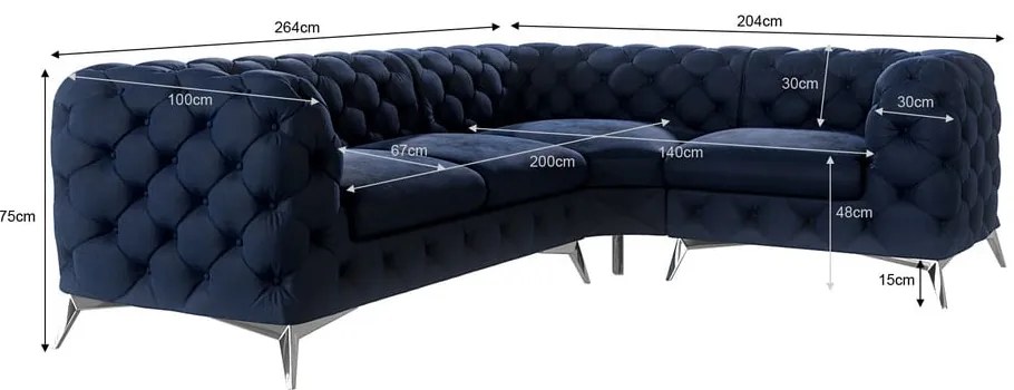 Tmavomodrá zamatová rohová pohovka (pravý roh/do L) Chelsea – Ropez