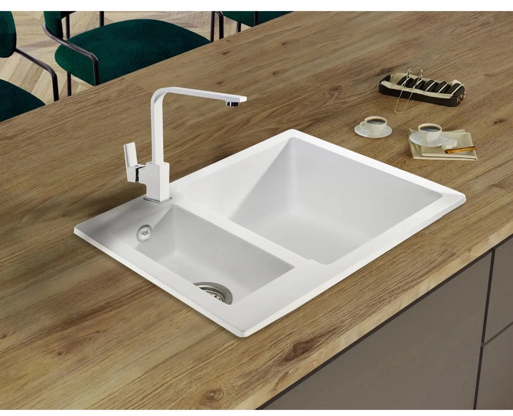 Sink Quality Ferrum, kuchynský granitový drez 605x495x210 mm + zlatý sifón, biela, SKQ-FER.W.5KBO.XG