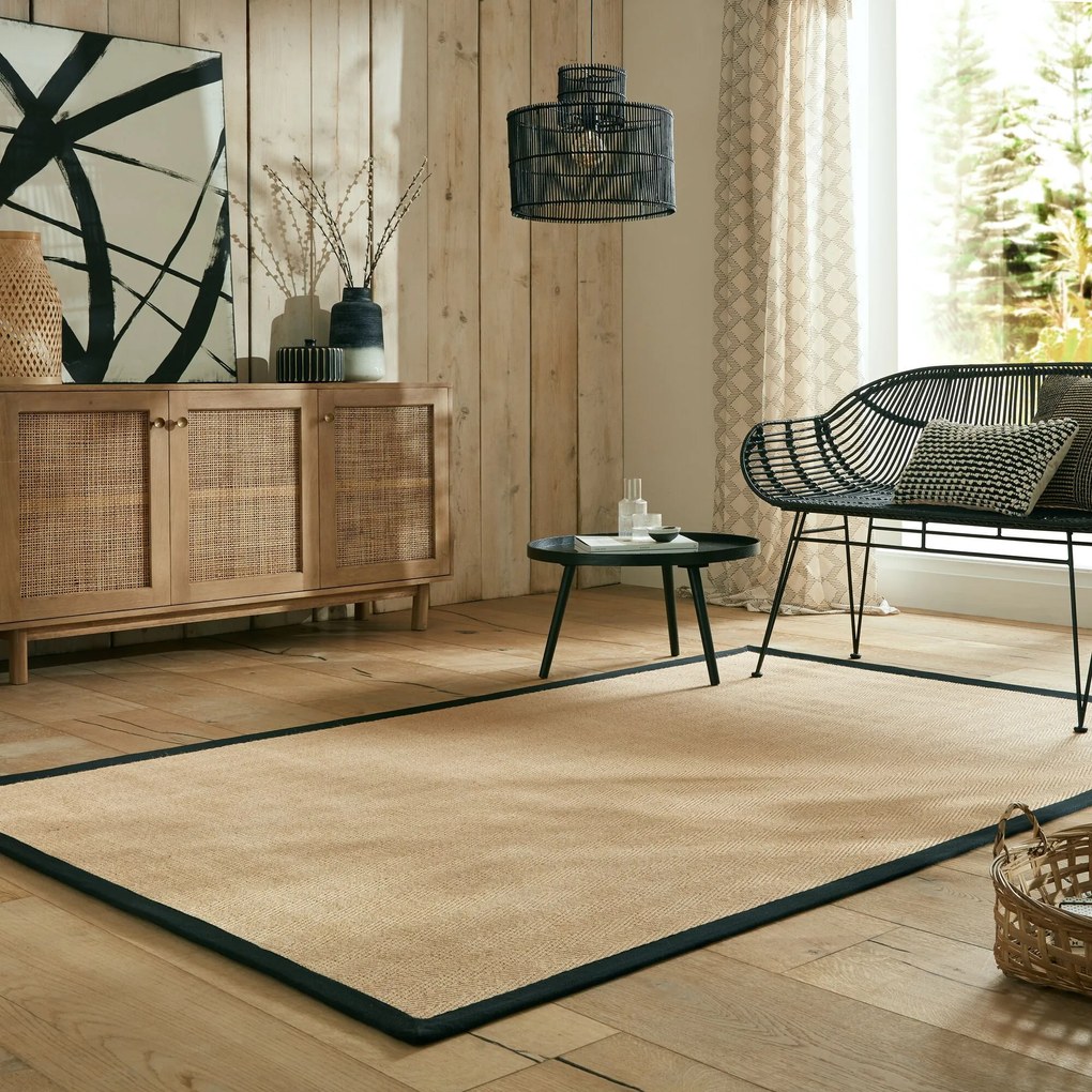 Flair Rugs, Kusový koberec Herringbone Border Kira Black, 200x290, béžová, chodba / predsieň