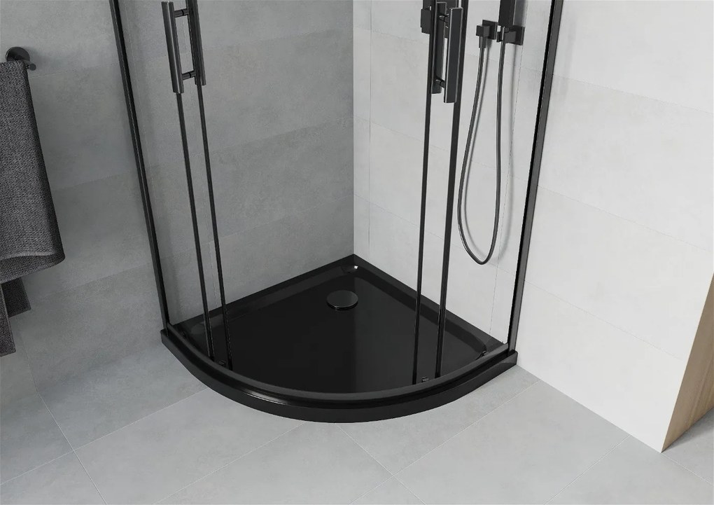 Mexen Rio, štvrťkruhový sprchovací kút s posuvnými dverami 70 x 70 cm, 6mm číre sklo, čierny profil + čierna sprchová vanička, 863-070-070-70-00-4170B